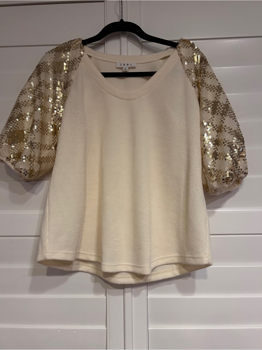 Anthropologie THML Sequin Sleeved Top Cream Gold Size Small